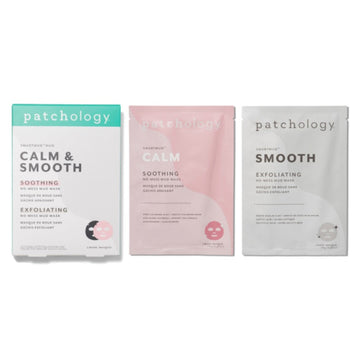 Patchology Smartmud Duo Smooth and Calm Face Mask set with exfoliating and soothing no-mess mud sheet masks for clearer, calmer skin.