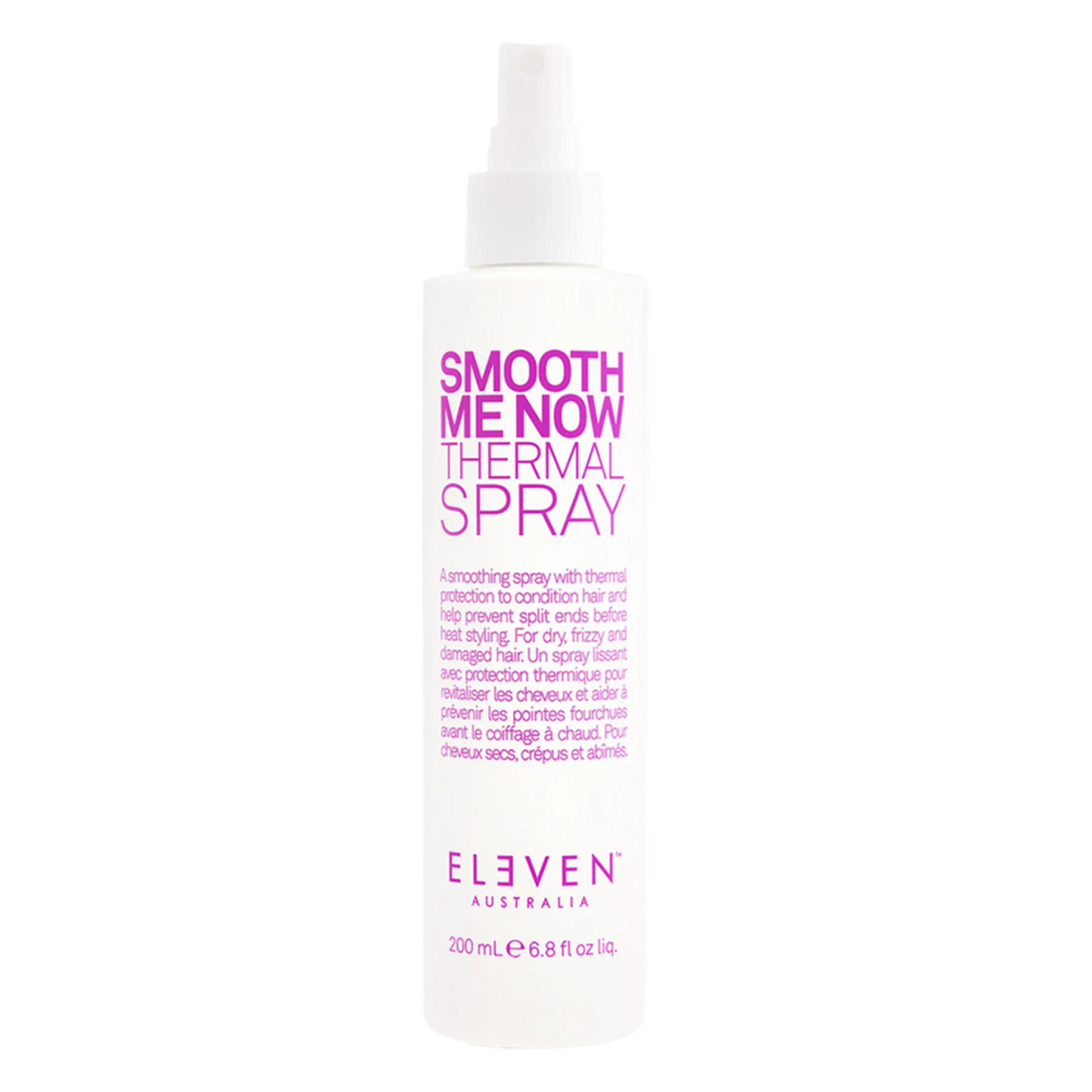 Eleven Australia Smooth Me Now Thermal Spray 200ml bottle for heat protection and frizz control in hair care routines. Ideal for dry, frizzy hair.