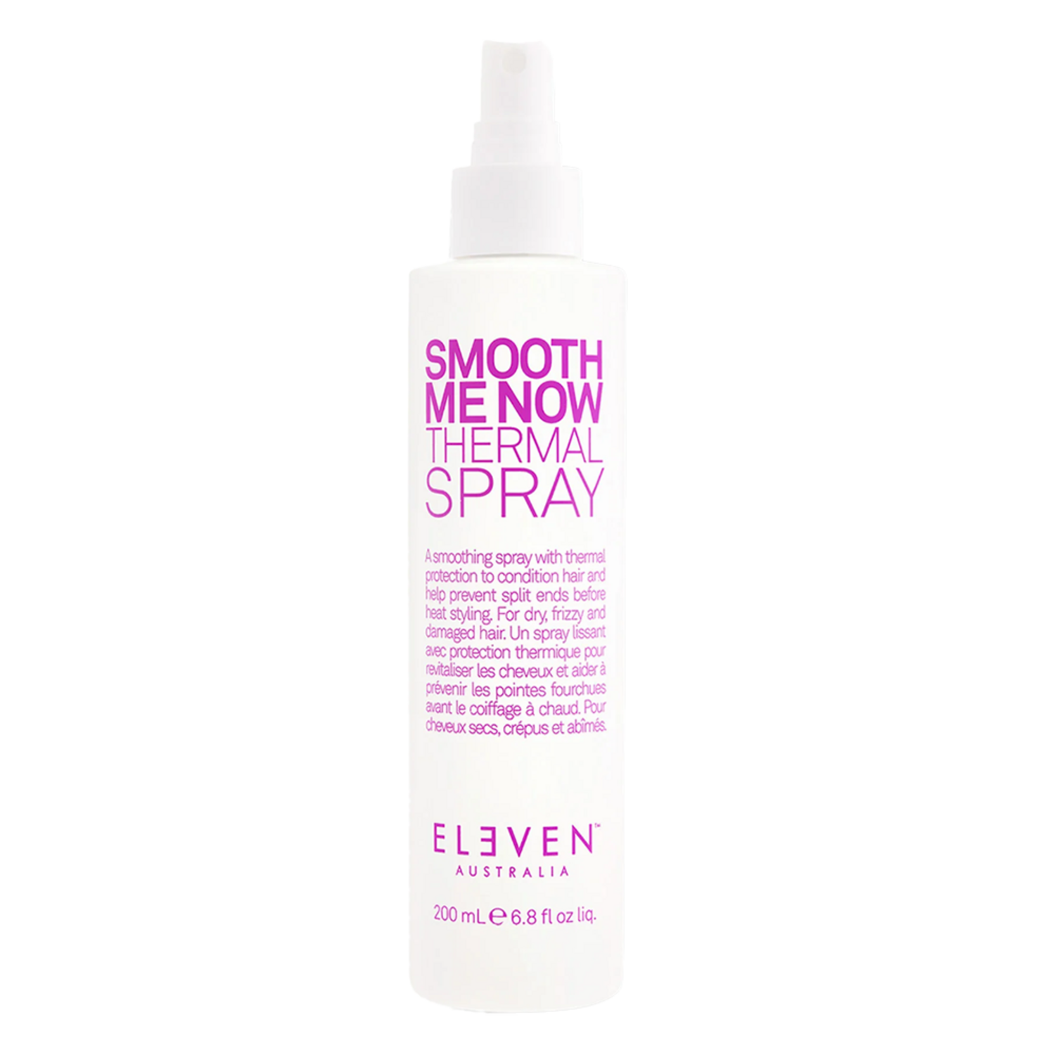 Eleven Australia Smooth Me Now Thermal Spray 200ml bottle for heat protection and frizz control in hair care routines. Ideal for dry, frizzy hair.