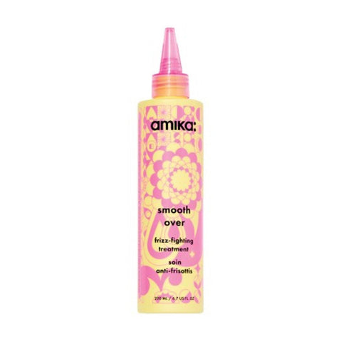 Amika Smooth Over Treatment bottle with pink and yellow floral design for frizz-fighting hair care, ideal for 72-hour smooth results.