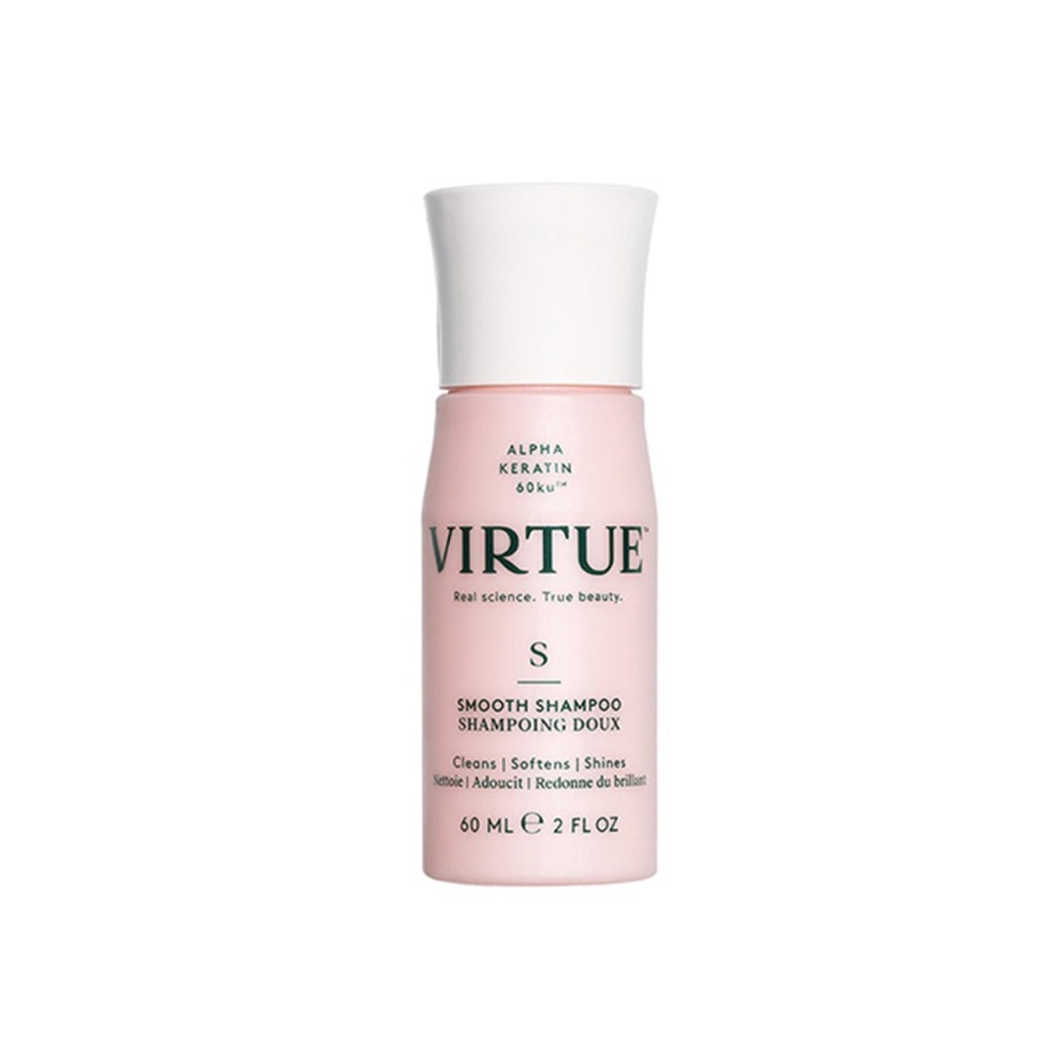 Virtue Smooth Shampoo 60ml mini bottle with Alpha Keratin 60ku for smoothing and softening hair. Perfect for on-the-go hair care.