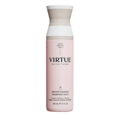 Virtue Smooth Shampoo 240ml full-size bottle designed to cleanse and calm unruly hair. Smooth Hair Shampoo for soft, shiny results.
