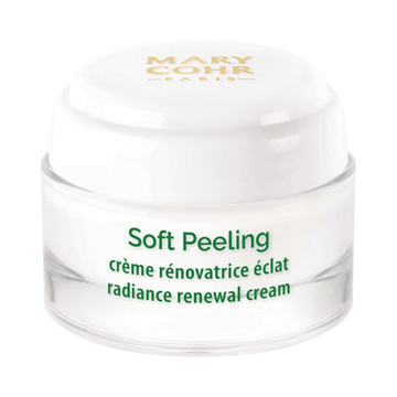 Mary Cohr Soft Peeling Cream in white jar with gold logo, designed to revitalize skin and enhance natural radiance for dry skin care routines.