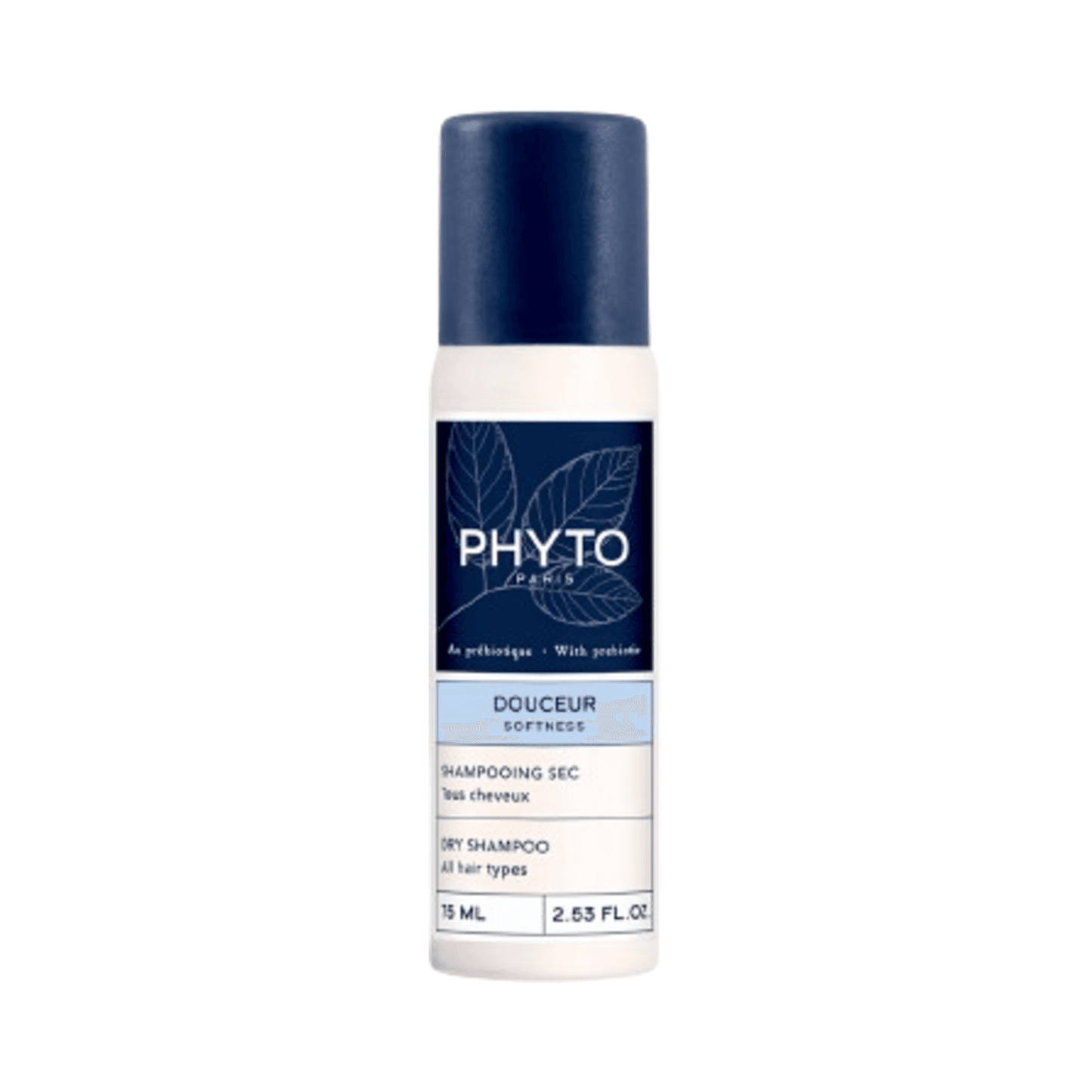 Phyto Softness Dry Shampoo bottle with blue cap and label, 75ml size, designed for fast cleansing and volume boost for dry hair types.