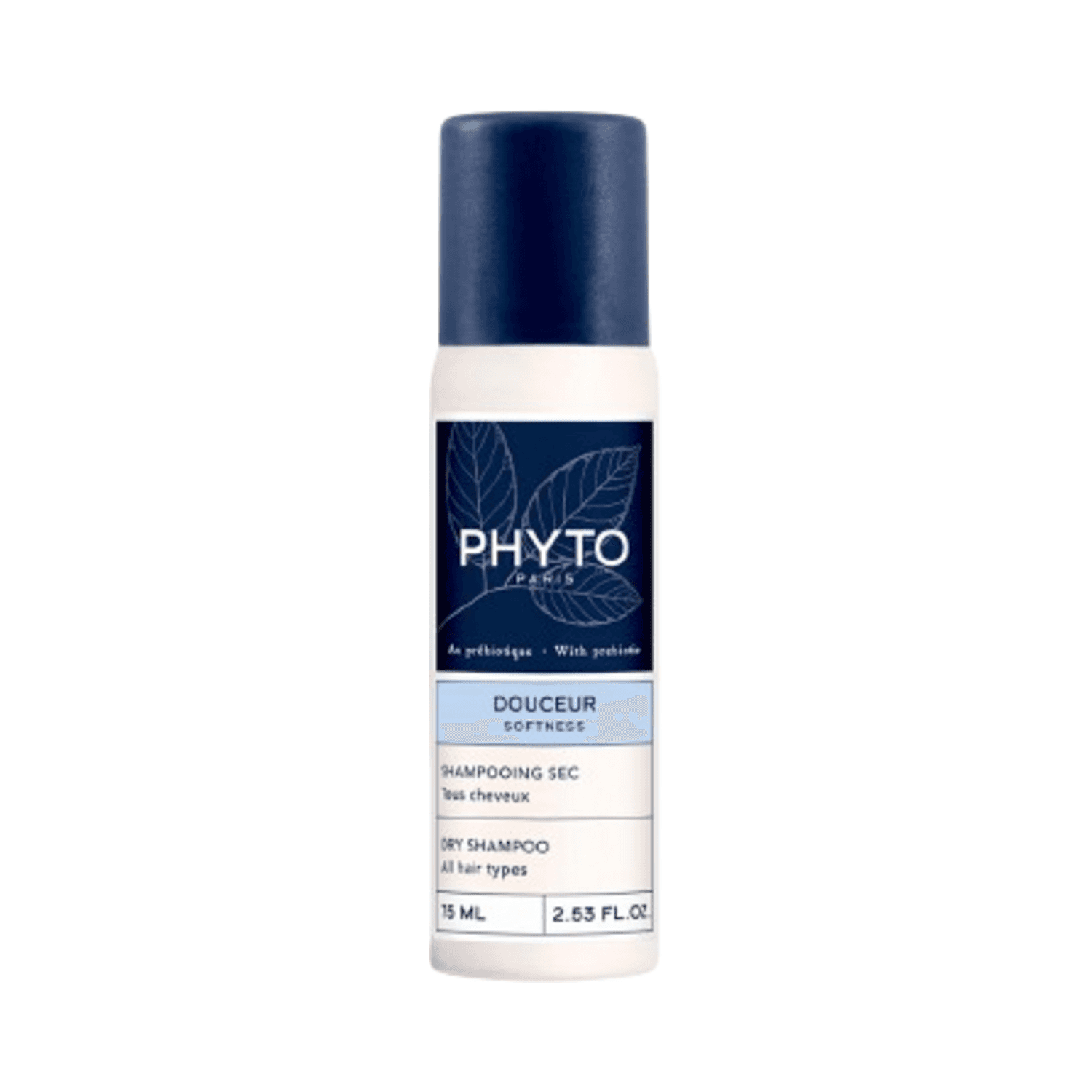 Phyto Softness Dry Shampoo bottle with blue cap and label, 75ml size, designed for fast cleansing and volume boost for dry hair types.