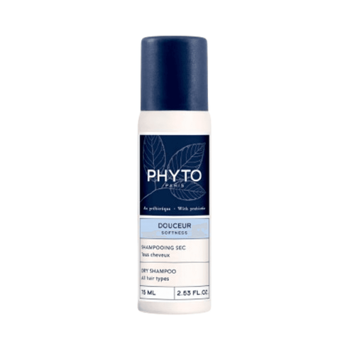 Phyto Softness Dry Shampoo bottle with blue cap and label, 75ml size, designed for fast cleansing and volume boost for dry hair types.
