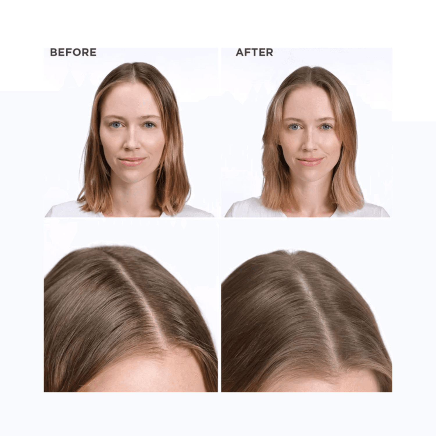Close-up before and after scalp view showing Phyto Softness Dry Shampoo’s cleansing effect on dry hair with no visible residue.