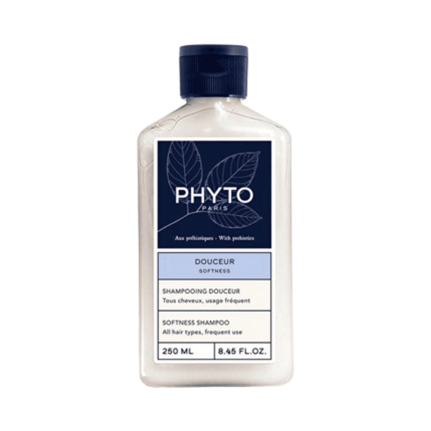 Phyto Softness Daily Shampoo 250ml with blue cap and leaf design. Suitable for all hair types and frequent use with prebiotic care.