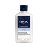 Phyto Softness Daily Shampoo 250ml with blue cap and leaf design. Suitable for all hair types and frequent use with prebiotic care.