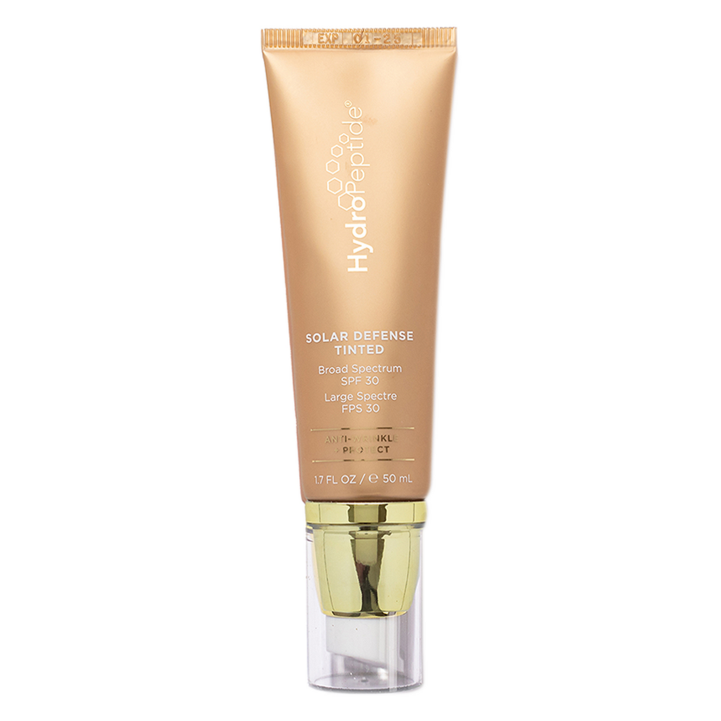 HydroPeptide SPF 30 Tinted sunscreen in a 50ml gold tube with pump dispenser, offering antioxidant-rich broad spectrum sun protection and flawless coverage.