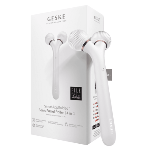 Geske Sonic Facial Roller 4 in 1 in white shown with retail packaging, promoting radiant glow and anti-aging benefits for all skin types.