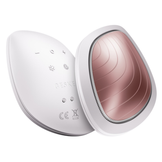 Front and back view of white Geske Sonic Warm and Cool Mask, highlighting sleek design and multifunctional skincare controls.