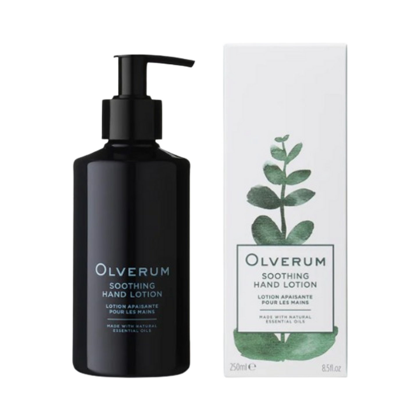 Olverum Soothing Hand Lotion 250ml with outer packaging featuring botanical design, ideal for hydrating and protecting dry hands with natural oils.