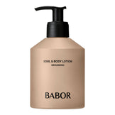 Babor Soul and Body Lotion Grounding in a beige pump bottle, ideal for nourishing body care and supporting the skin barrier.