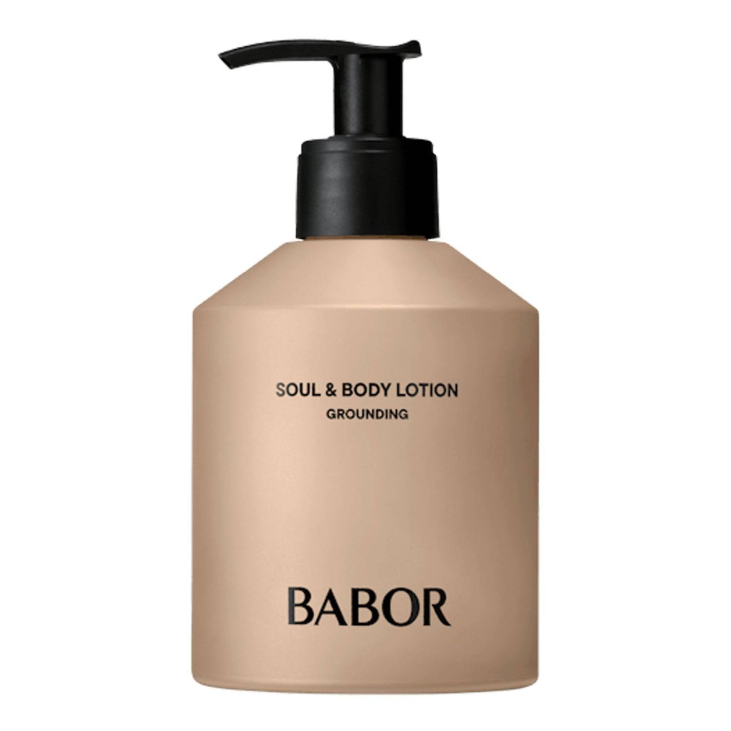 Babor Soul and Body Lotion Grounding in a beige pump bottle, ideal for nourishing body care and supporting the skin barrier.