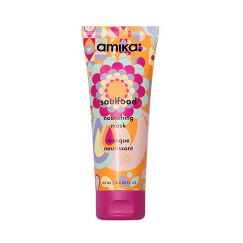 Amika Soulfood Mask - Nourishing Hair Mask 100ml tube shown in vibrant packaging. Deep conditioning treatment for smooth, manageable hair.