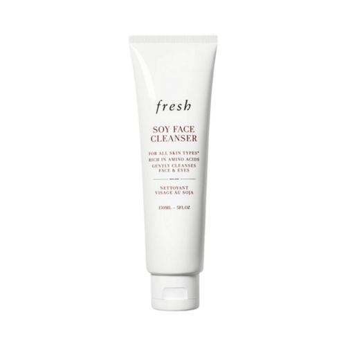 Fresh Soy Face Cleanser 150ml large tube, hydrating gel formula for daily use, removes makeup while nourishing skin with amino acids.