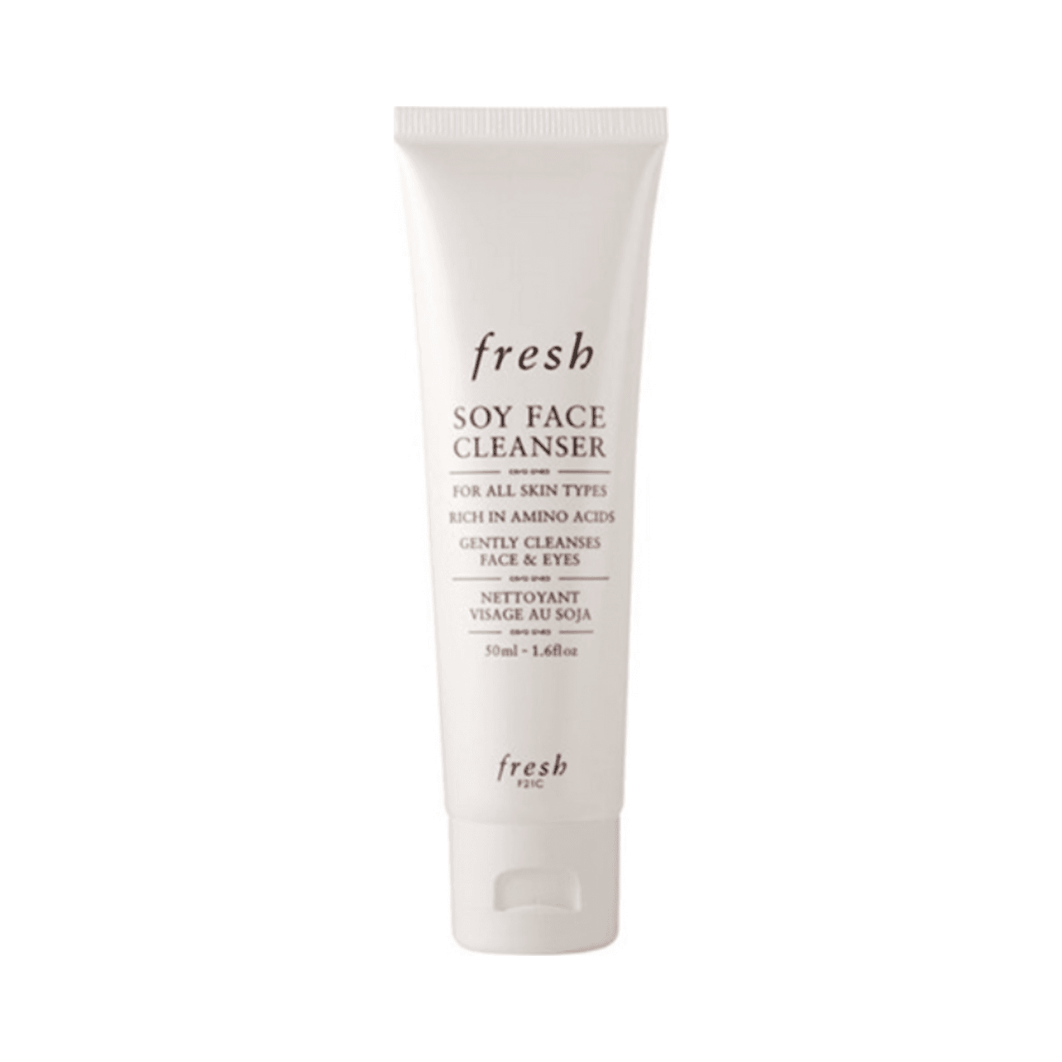 Fresh Soy Face Cleanser 50ml tube for all skin types, a hydrating gel cleanser that gently removes makeup and impurities from face and eyes.