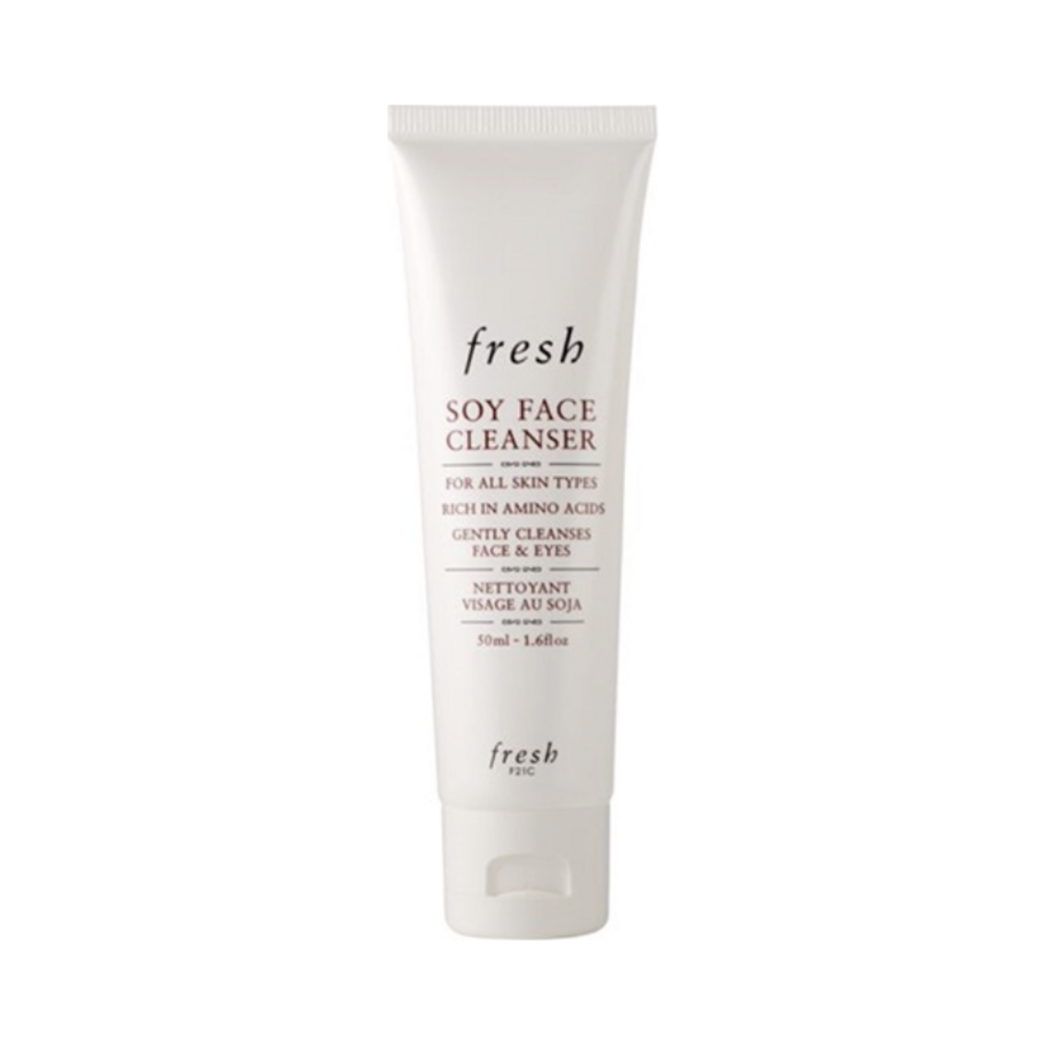 Fresh Soy Face Cleanser 50ml in white squeeze tube, ideal for dry skin, gently cleansing and hydrating face and neck areas.