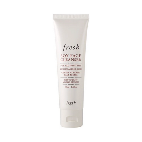 Fresh Soy Face Cleanser 50ml in white squeeze tube, ideal for dry skin, gently cleansing and hydrating face and neck areas.