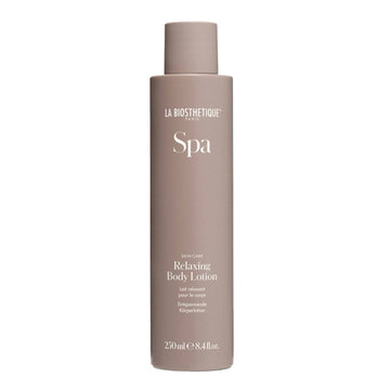 La Biosthetique Spa Relaxing Body Lotion 250ml in sleek taupe bottle. Spa body lotion for soft, silky skin with calming aromas and prebiotics.