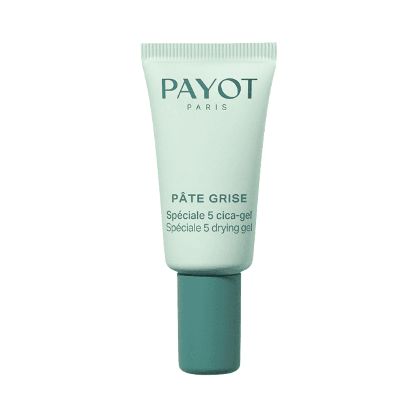 Payot Speciale 5 Drying Gel acne treatment in a mint green tube with dark green cap. Fast-acting face serum for blemish-prone skin.