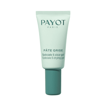 Payot Speciale 5 Drying Gel acne treatment in a mint green tube with dark green cap. Fast-acting face serum for blemish-prone skin.