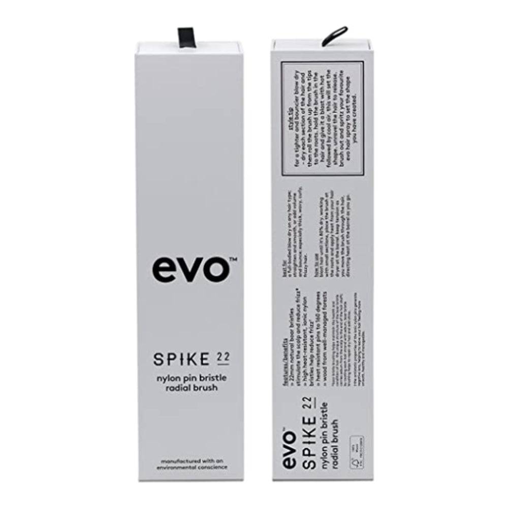 Evo Spike 22 nylon pin bristle radial brush packaging in sleek white box. Designed for eco-conscious hair styling and care.