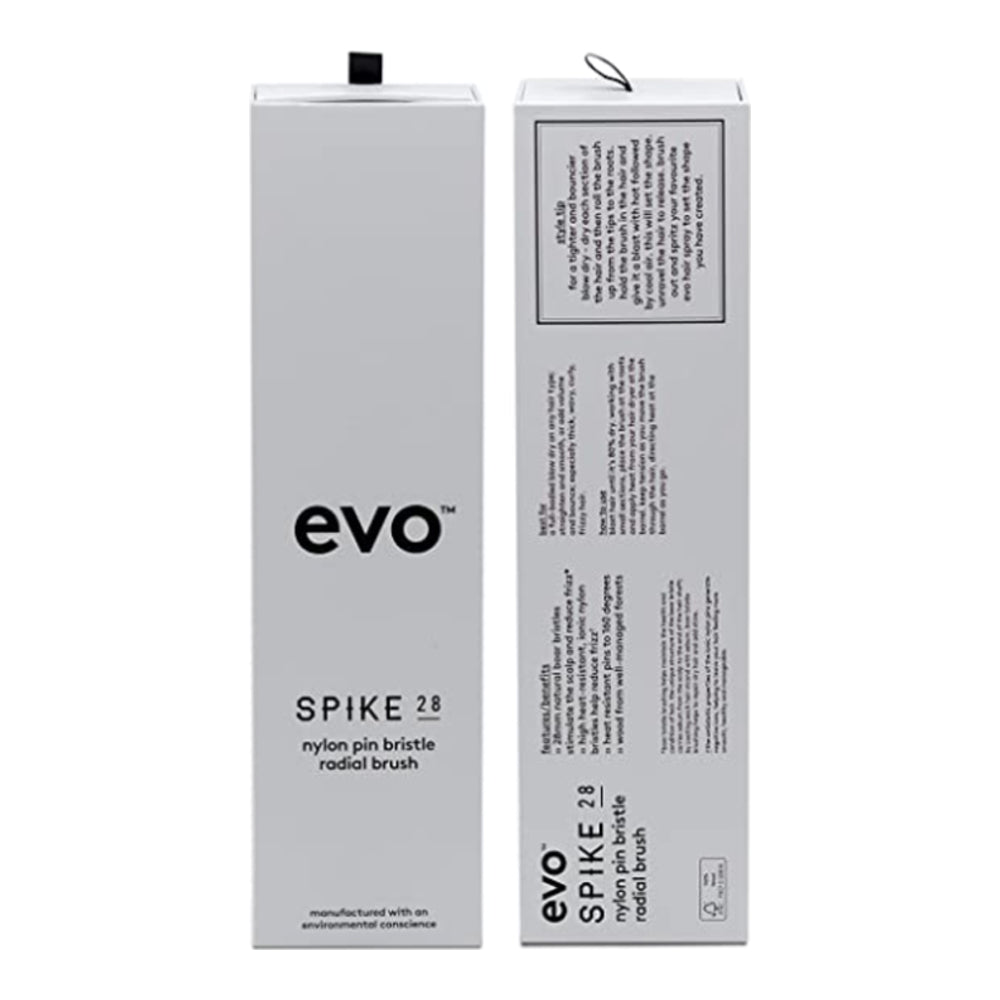 Evo Spike 28 radial brush box with detailed product description. Ideal for styling tools in the hair care category.