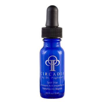 Circadia Spot Stop acne treatment serum in a 15ml blue dropper bottle, ideal for targeting facial blemishes and breakouts.