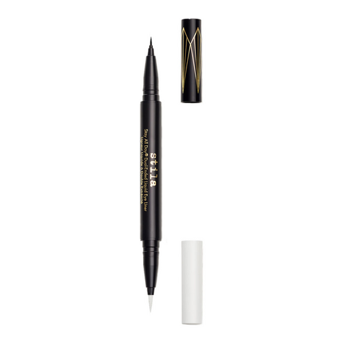 Black Stila Stay All Day Eyeliner with dual-ended tips and cap removed, showing precision and white liner tips for detailed looks.
