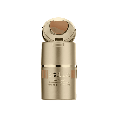 Stila Stay All Day Foundation and Concealer in golden packaging with built-in concealer cap, offering lightweight matte coverage for flawless skin.