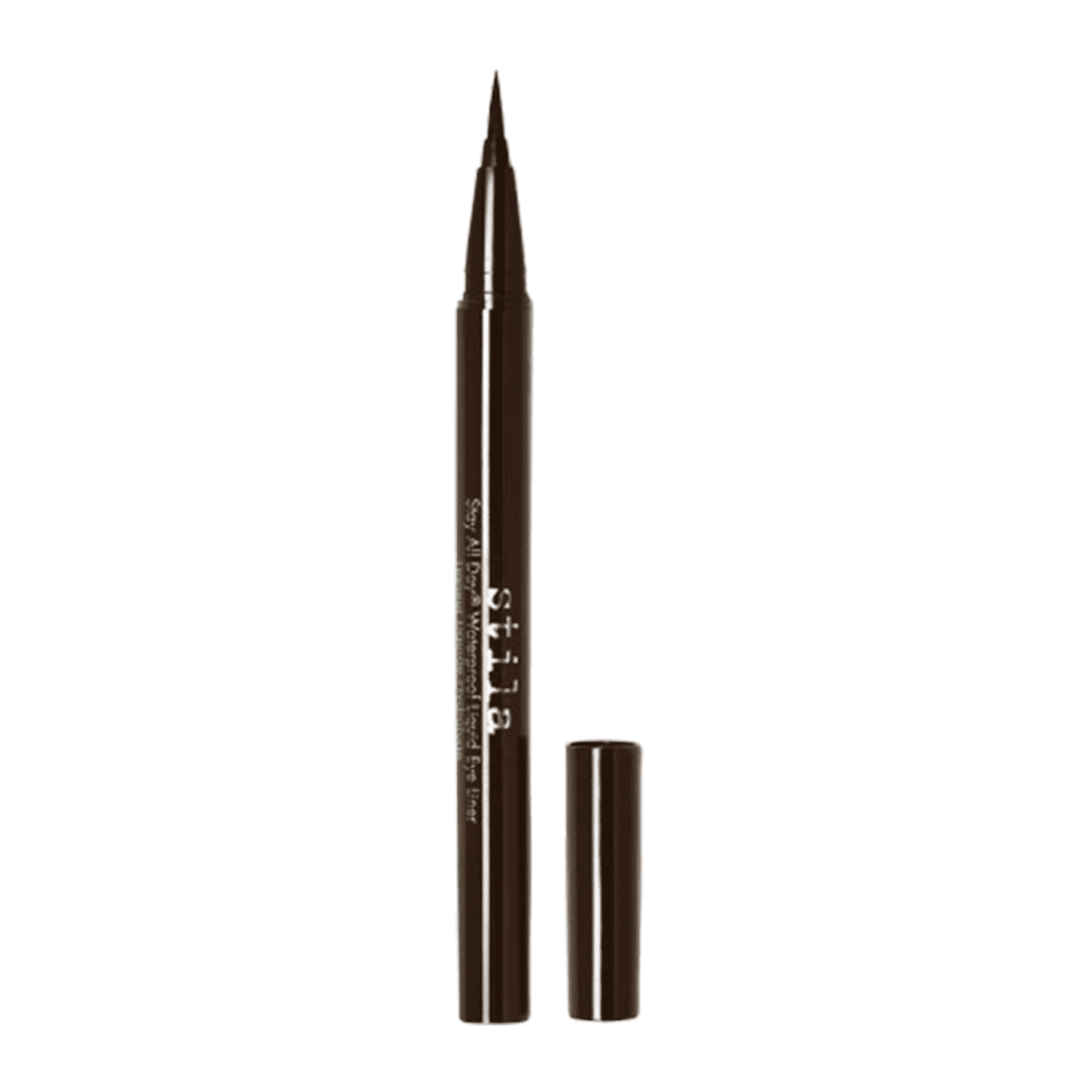 Stila Stay All Day Waterproof Liquid Eye Liner in dark brown with cap off, ideal for precise, long-lasting eye makeup looks.
