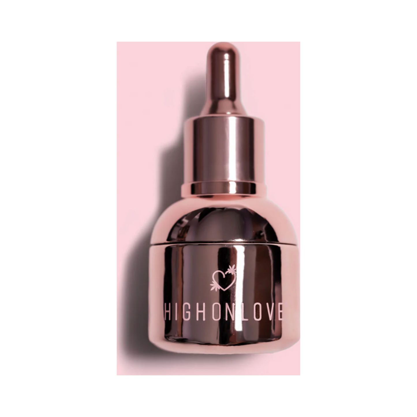 High on Love Stimulating Sensual Oil Body Oil in a metallic rose gold dropper bottle, designed for luxurious and intimate body care experiences.