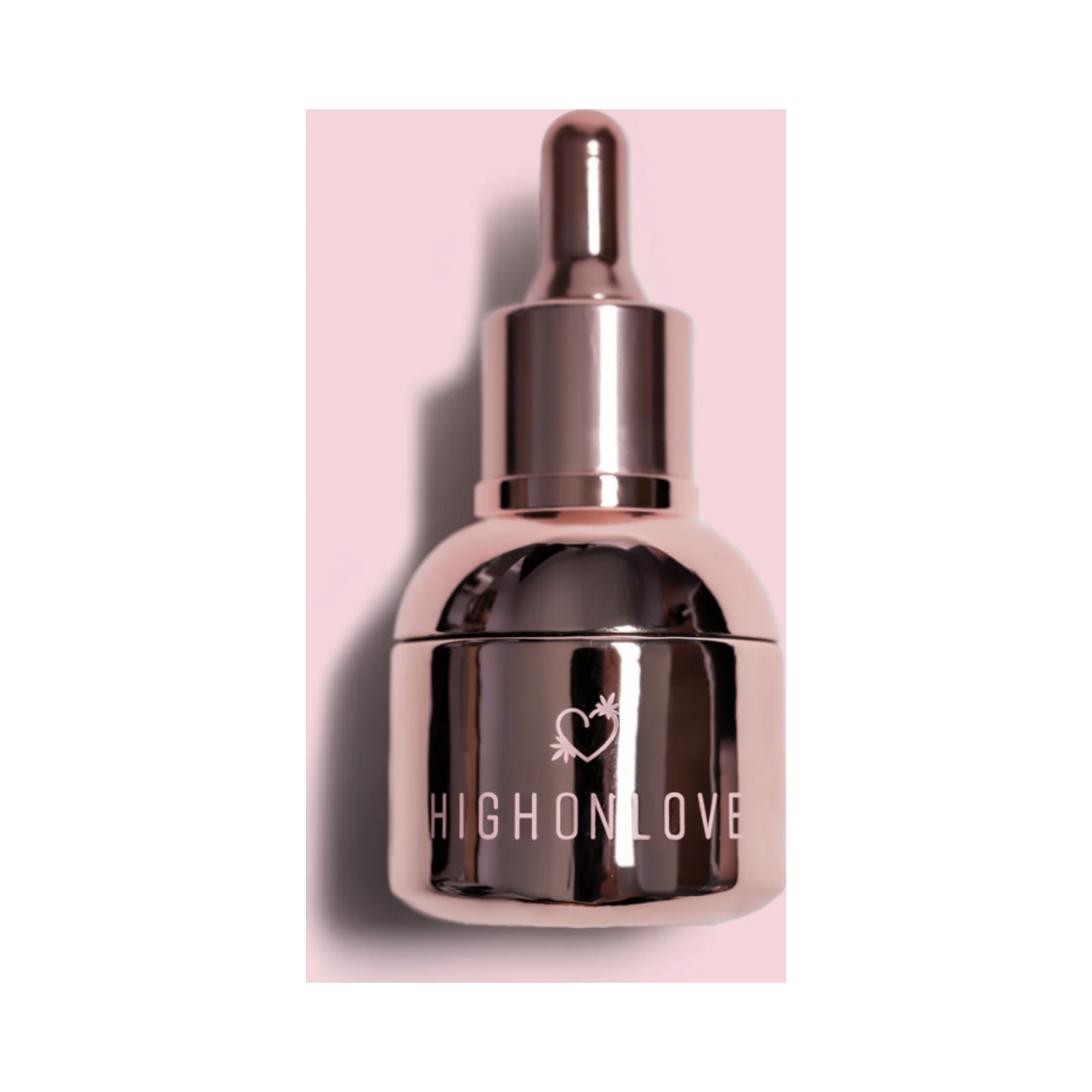 High on Love Stimulating Sensual Oil Body Oil in a metallic rose gold dropper bottle, designed for luxurious and intimate body care experiences.
