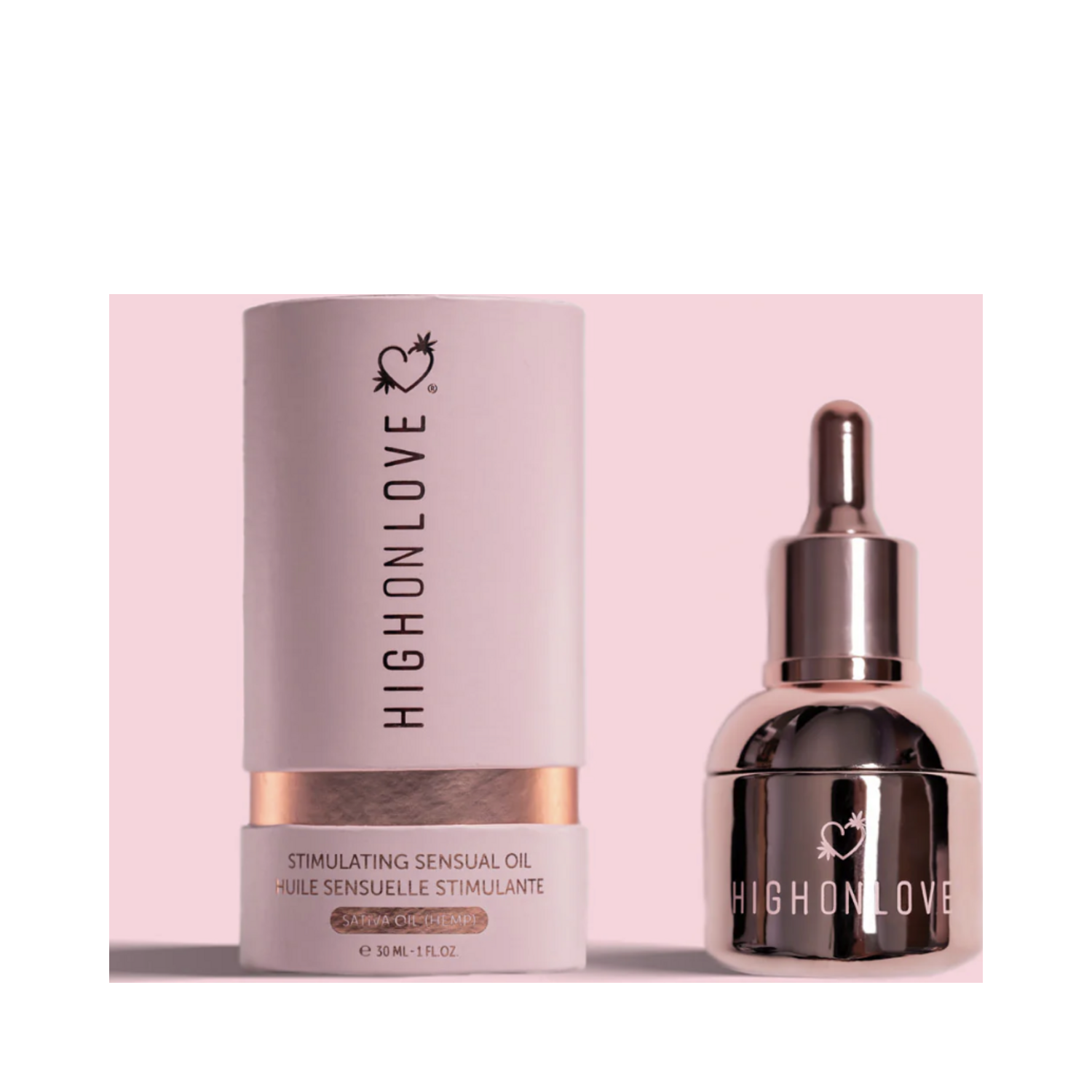 High on Love Stimulating Sensual Oil Body Oil with premium packaging, featuring a rose gold container and soft pink box, 30 ml for body care.