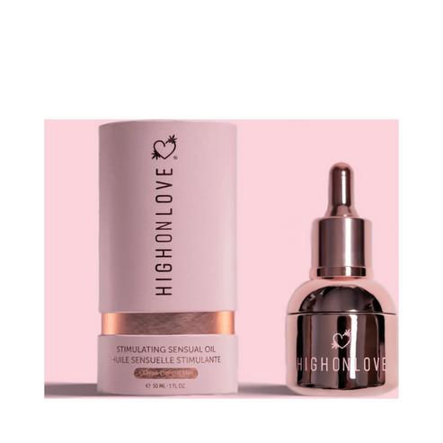 High on Love Stimulating Sensual Oil Body Oil with premium packaging, featuring a rose gold container and soft pink box, 30 ml for body care.