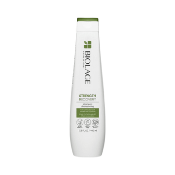 Biolage Strength Recovery Shampoo for Damaged Hair in 13.5 fl oz bottle, ideal for reducing breakage and restoring smoothness.