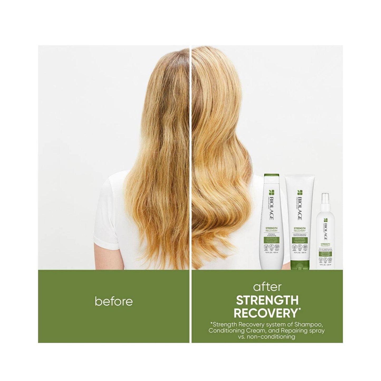 Before and after results on blonde hair using Biolage Strength Recovery Shampoo system, showing smoother, healthier strands.