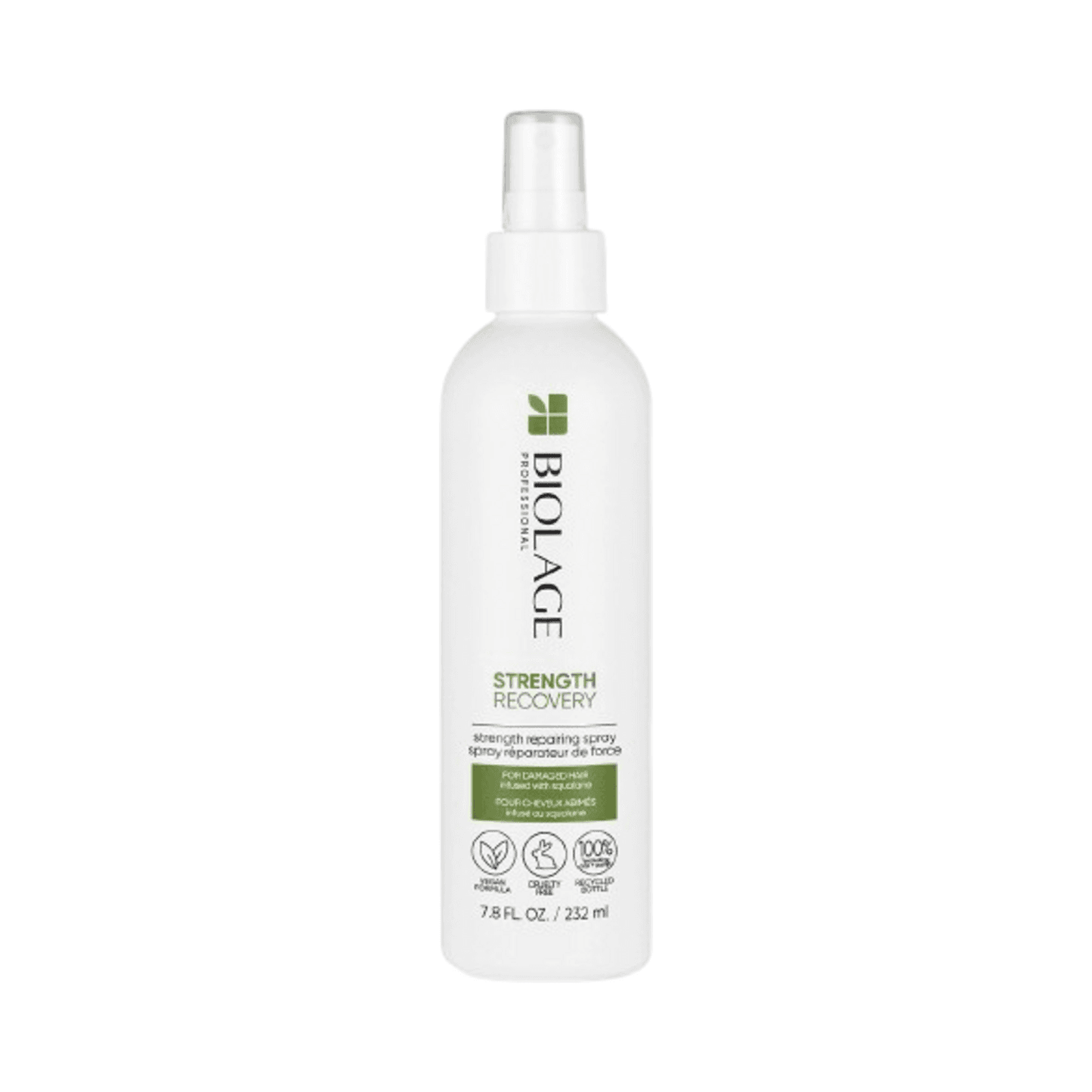 Biolage Strength Recovery Strength Repairing Spray in 7.8 fl oz bottle for vegan hair repair. Ideal for strengthening and protecting damaged hair.