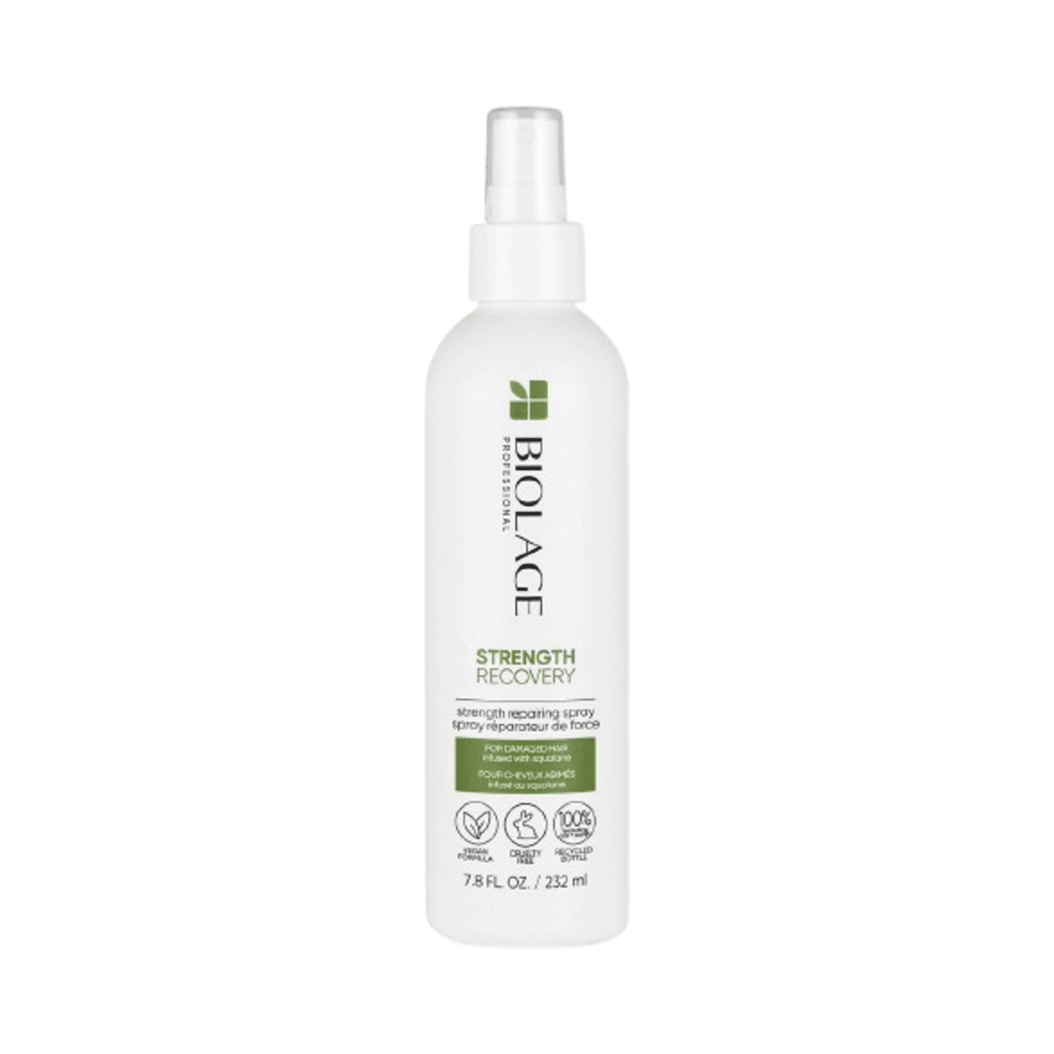 Biolage Strength Recovery Strength Repairing Spray in 7.8 fl oz bottle for vegan hair repair. Ideal for strengthening and protecting damaged hair.
