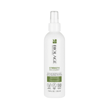 Biolage Strength Recovery Strength Repairing Spray in 7.8 fl oz bottle for vegan hair repair. Ideal for strengthening and protecting damaged hair.