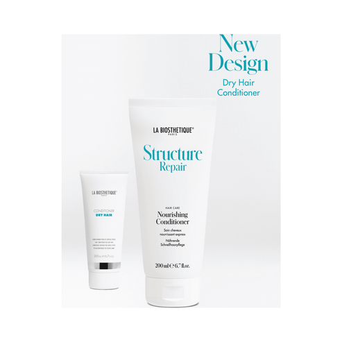 Updated packaging of Structure Repair Conditioner by La Biosthetique for dry hair. Deeply nourishes with lactic acid, lemon, and rose extracts.