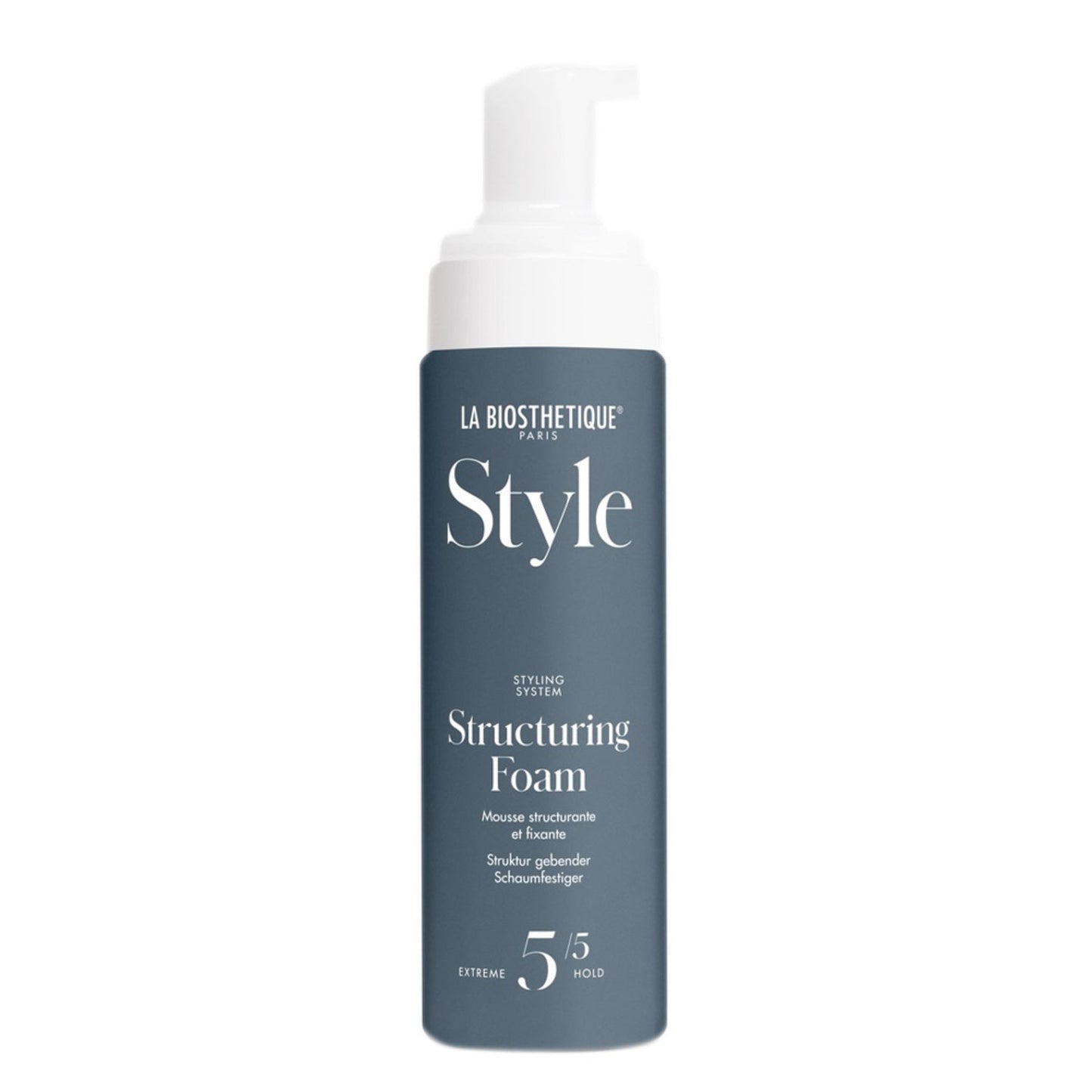 La Biosthetique Structuring Foam - Strong Hold hair styling mousse in sleek grey pump bottle. Ideal for lasting style with natural ingredients.