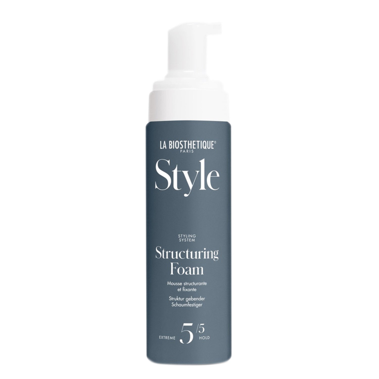 La Biosthetique Structuring Foam - Strong Hold hair styling mousse in sleek grey pump bottle. Ideal for lasting style with natural ingredients.