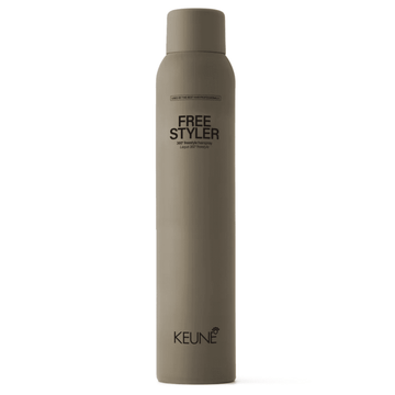 Keune Style Free Styler hair spray in sleek matte brown bottle, offering versatile hold for 360 freedom in hairstyling. Ideal for all hair types.