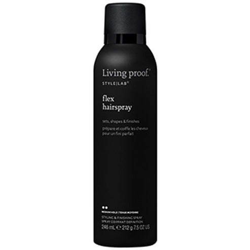 Living Proof Flex Shaping Hairspray in a sleek black 246ml bottle, ideal for medium hold styling and finishing. Brushable, workable formula for all hair types.