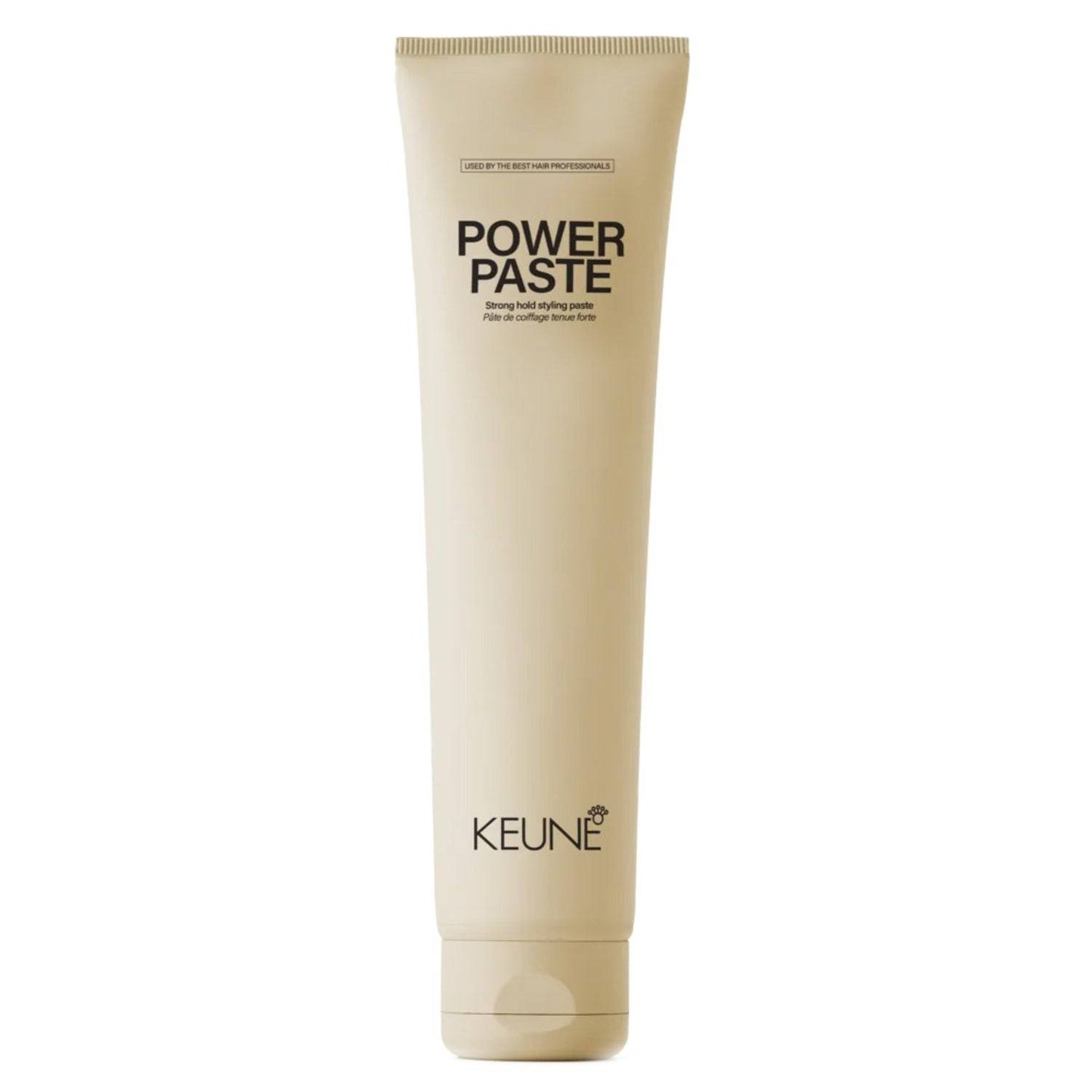 Keune Style Power Paste hair styling product in beige tube offers heroic hold for up to 48 hours. Ideal for strong, long-lasting hairstyles.