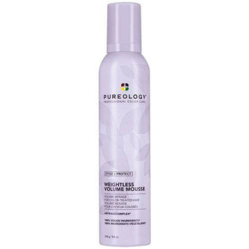 Pureology Style + Protect Weightless Volume Mousse for color-treated hair, offering heat protection and volumizing lift in a sleek lavender bottle.