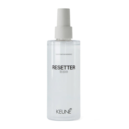 Keune Style Resetter hair styling spray in clear bottle. Professional-grade formula for healthy, resilient hair and styling reset.